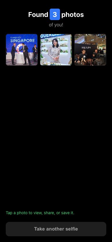 LiveKip Shoot face matching results showing event photographs found for a guest