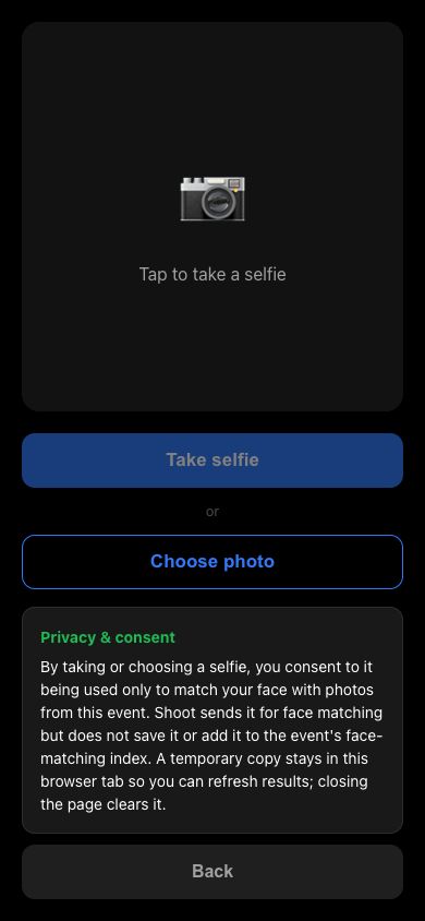 LiveKip Shoot guest interface with Take selfie and Choose photo options